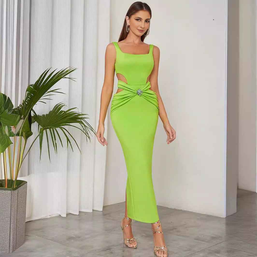 French lady style formal occasion banquet suspender green bandage dress for women