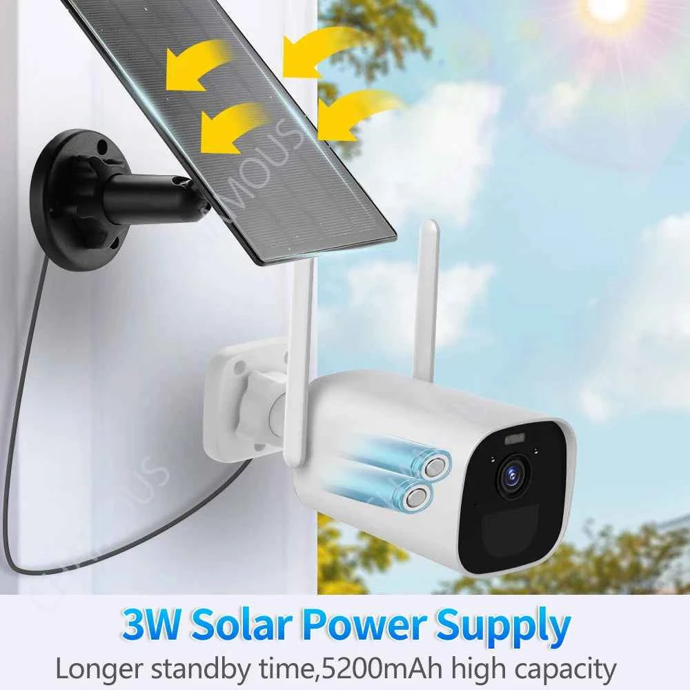 3MP WiFi Camera Outdoor 3W Solar Panel Wireless Video Surveillance Built-in 5200mAh Battery CCTV Bullet Security Cam AI