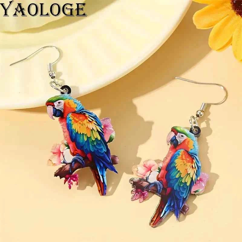 YAOLOGE Trend Chic 2D Animal Bird Design Colorful Parrot Earrings Acrylic Material Women Fascinating Eardrop Accessories Gifts