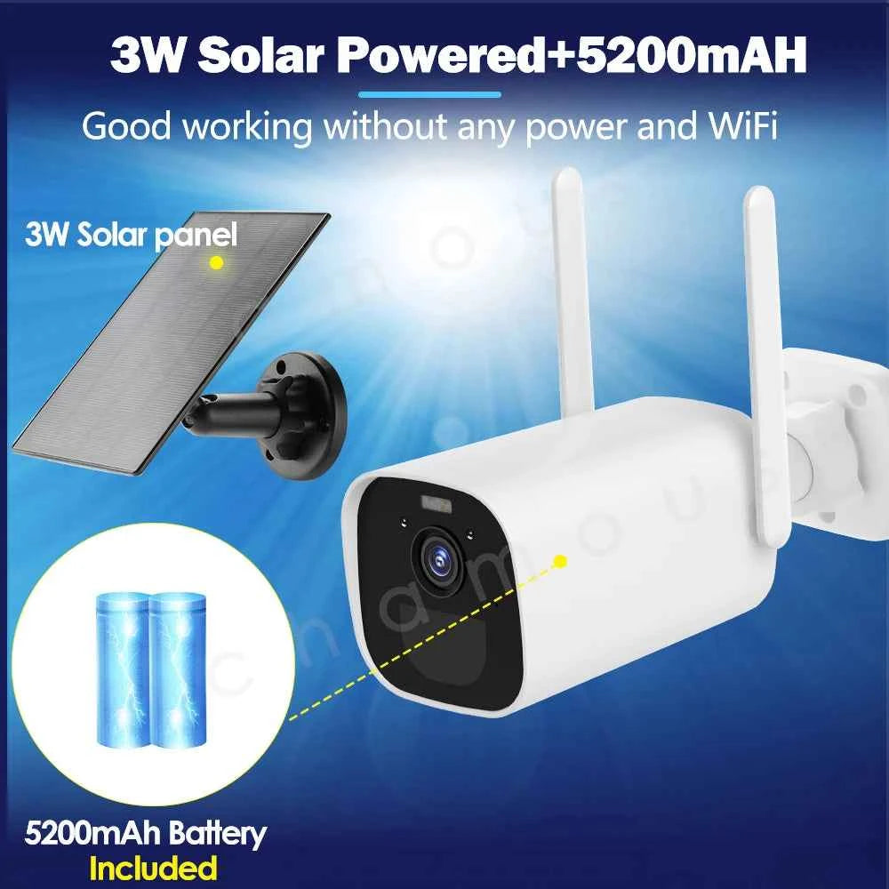 3MP WiFi Camera Outdoor 3W Solar Panel Wireless Video Surveillance Built-in 5200mAh Battery CCTV Bullet Security Cam AI