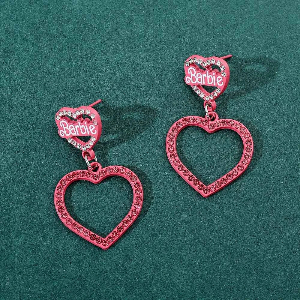 Disney Barbie Princess Earring Crystal Inlay Pink Sweet Double Heart Eardrop Women Girls Cute Trend Accessories Party Jewelry