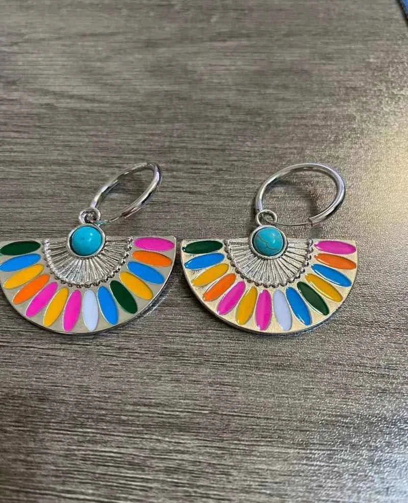 Trendy Bohemia Fan Hoop Earrings for Women French Retro Unique Fan-shaped Oil Dripping Colorful Earrings Jewelry Accessories