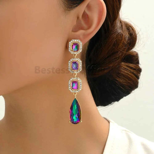 Colorful Glass Long Hanging Pendant Earrings For Women Europe America Popular Exaggerated Geometric Fashion Jewelry Elegant Gift