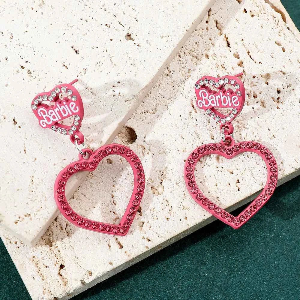 Disney Barbie Princess Earring Crystal Inlay Pink Sweet Double Heart Eardrop Women Girls Cute Trend Accessories Party Jewelry