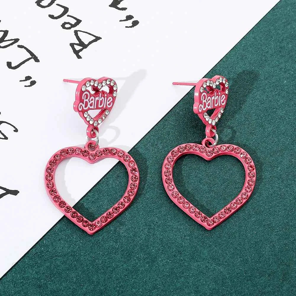 Disney Barbie Princess Earring Crystal Inlay Pink Sweet Double Heart Eardrop Women Girls Cute Trend Accessories Party Jewelry