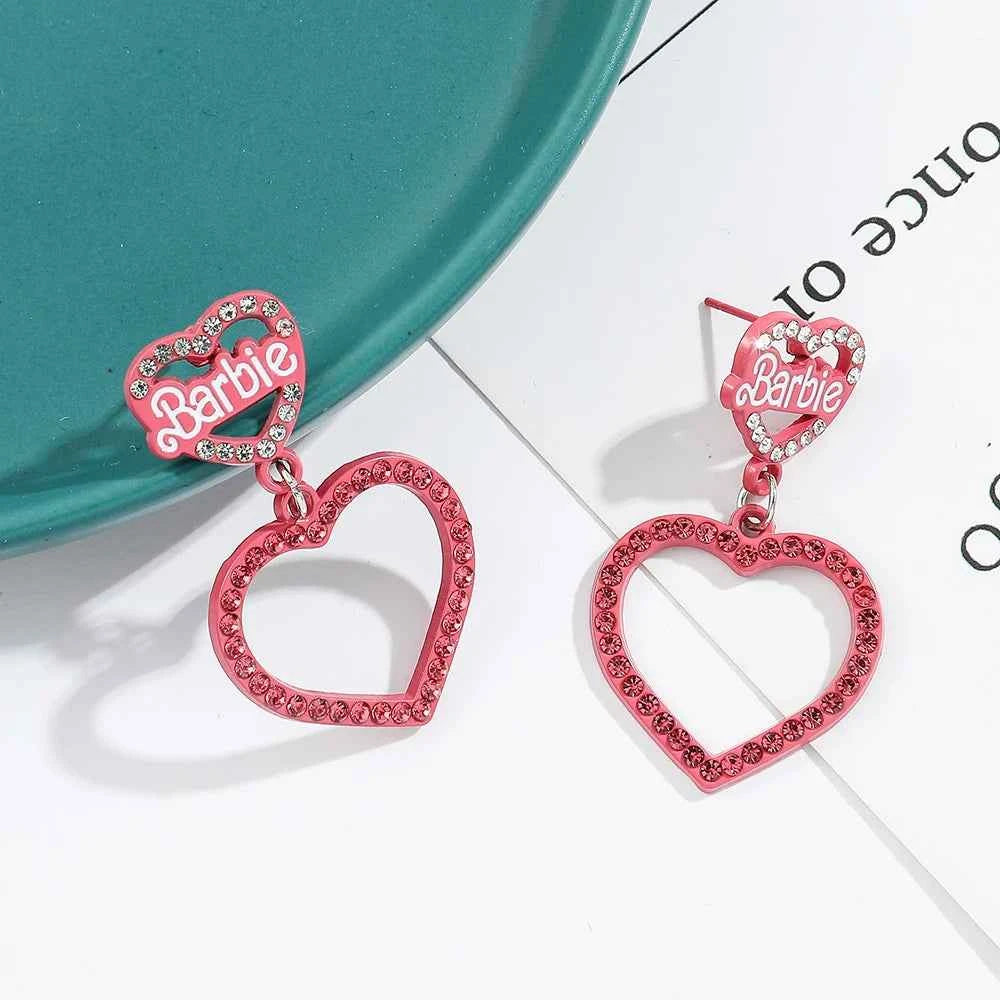 Disney Barbie Princess Earring Crystal Inlay Pink Sweet Double Heart Eardrop Women Girls Cute Trend Accessories Party Jewelry