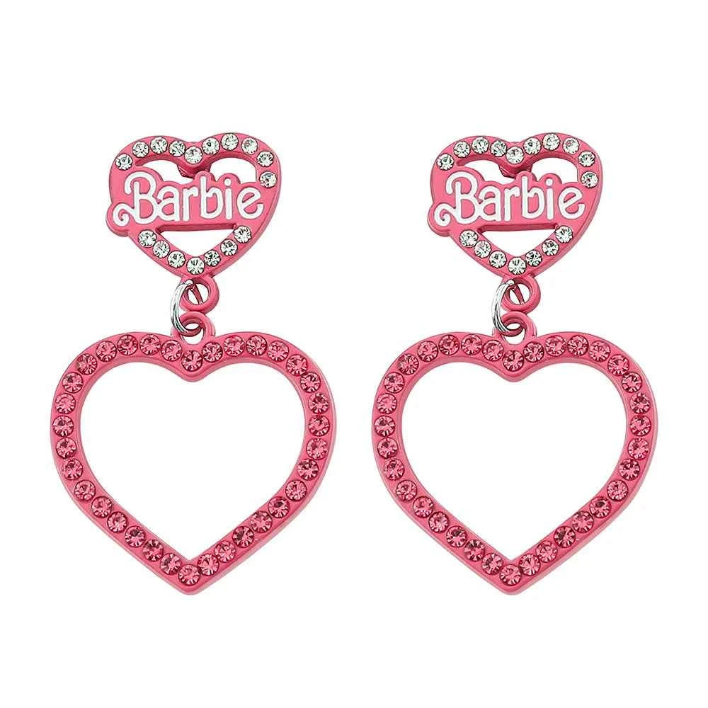 Disney Barbie Princess Earring Crystal Inlay Pink Sweet Double Heart Eardrop Women Girls Cute Trend Accessories Party Jewelry