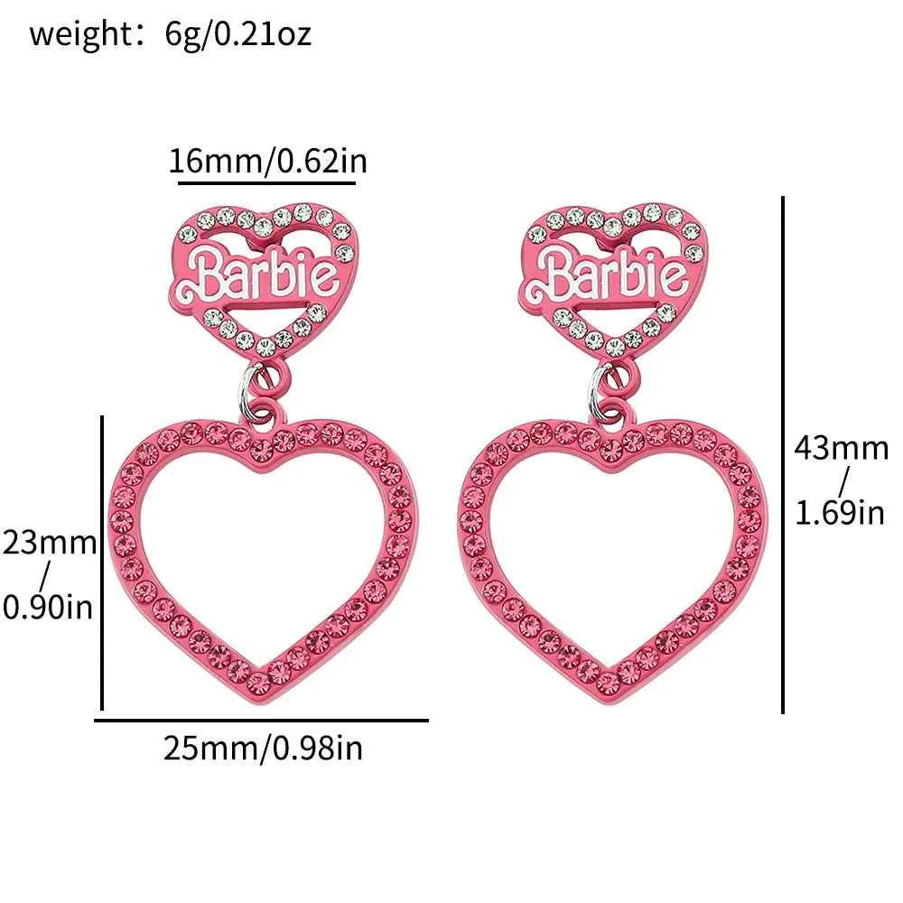 Disney Barbie Princess Earring Crystal Inlay Pink Sweet Double Heart Eardrop Women Girls Cute Trend Accessories Party Jewelry