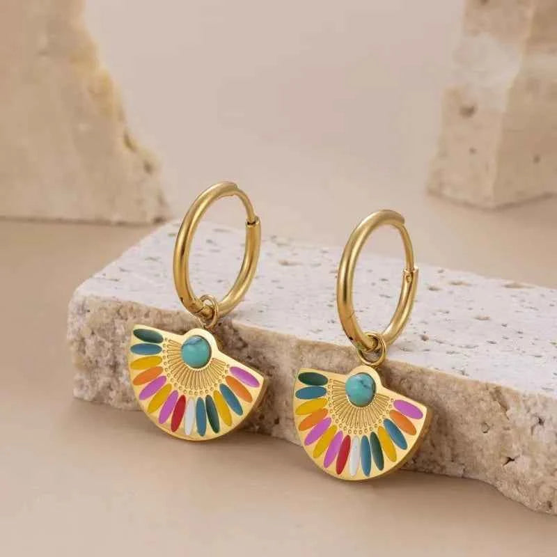 Trendy Bohemia Fan Hoop Earrings for Women French Retro Unique Fan-shaped Oil Dripping Colorful Earrings Jewelry Accessories
